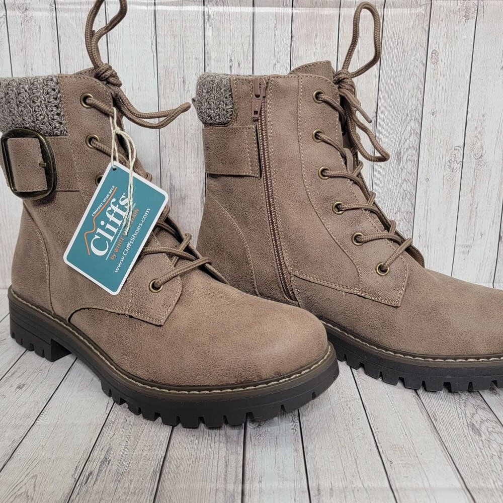 NWB Cliffs by White Mountain Mentor Knit Collar Combat Boot Stone Tan Brown